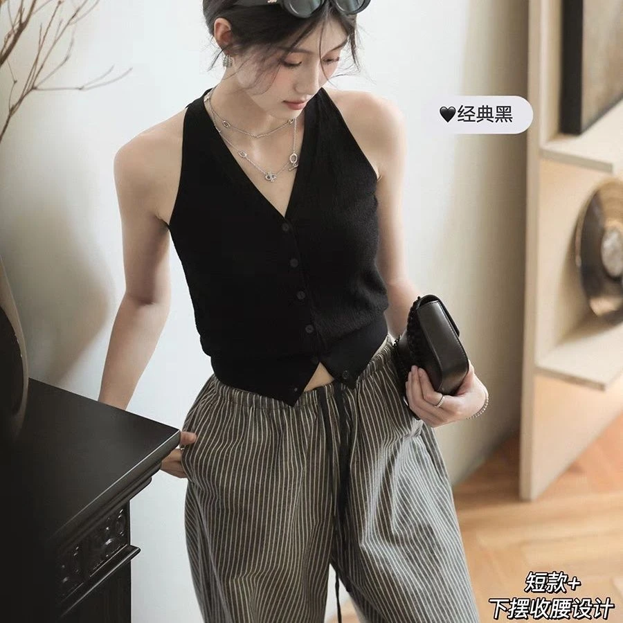 港风马甲复古V领红色吊带冰丝夏季新款性感削肩背心女收腰凉感针