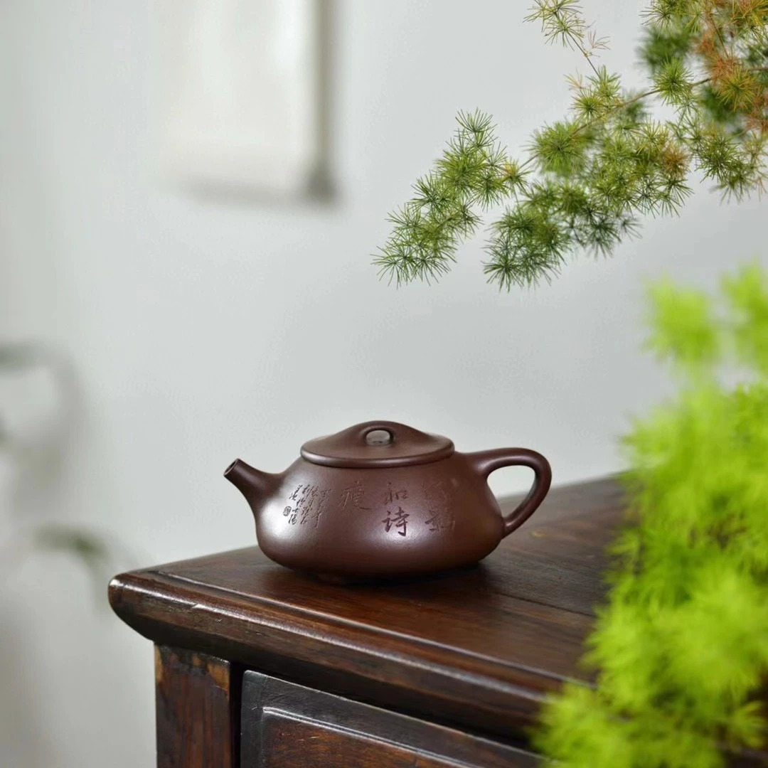 刻绘石瓢壶优质紫泥纯手工手制，容量300cc，自用品茗送礼佳品