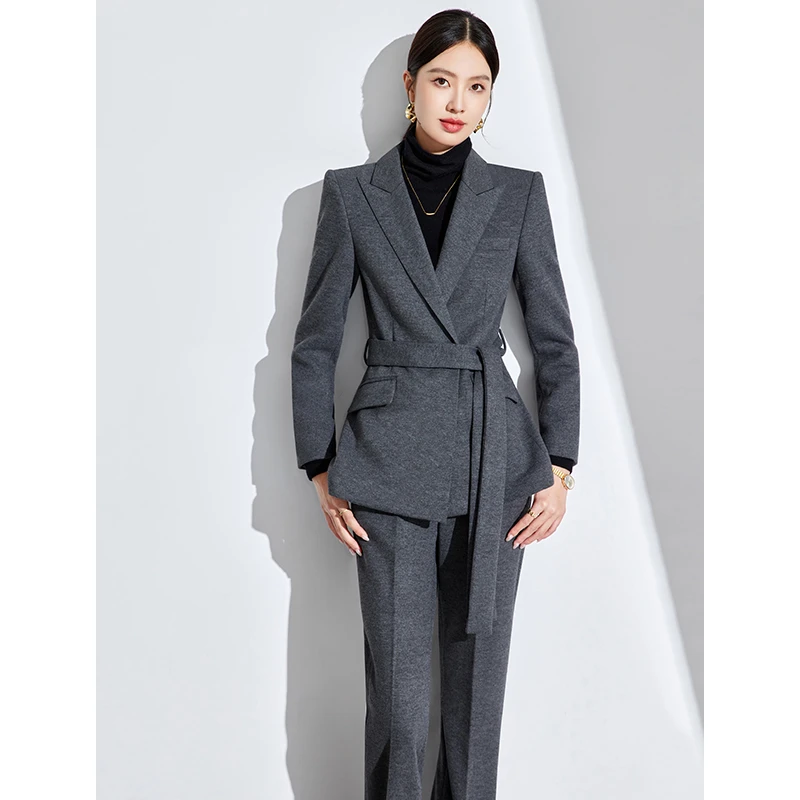 高端加厚羊毛西装外套灰色女士休闲时尚西装套装2025秋冬新款爆款