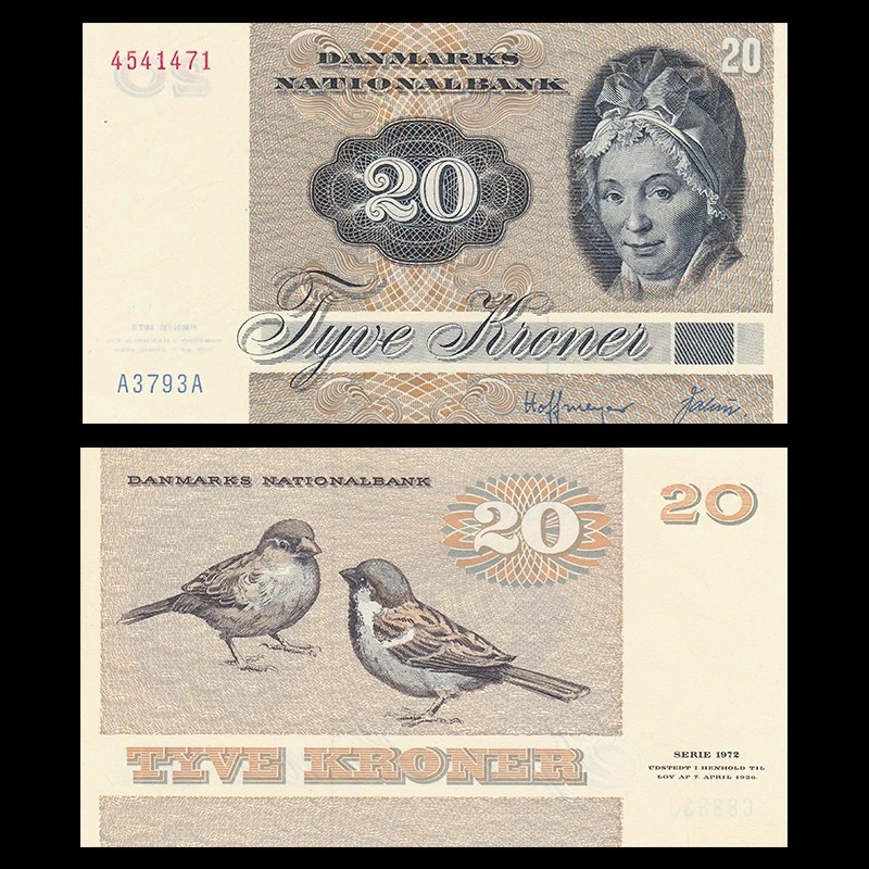 全新初版A冠无47尾66 丹麦20克朗 1979年 欧洲纸币UNC收藏保真