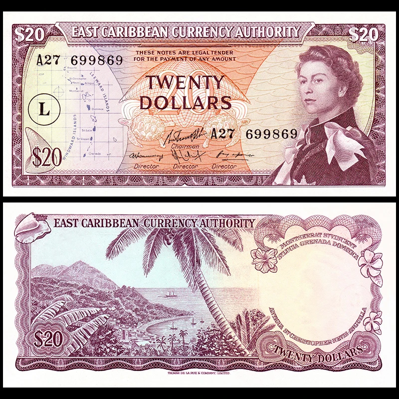 全新UNC 东加勒比20元 1965年 圣卢西亚L版 美洲钱币外币收藏保真
