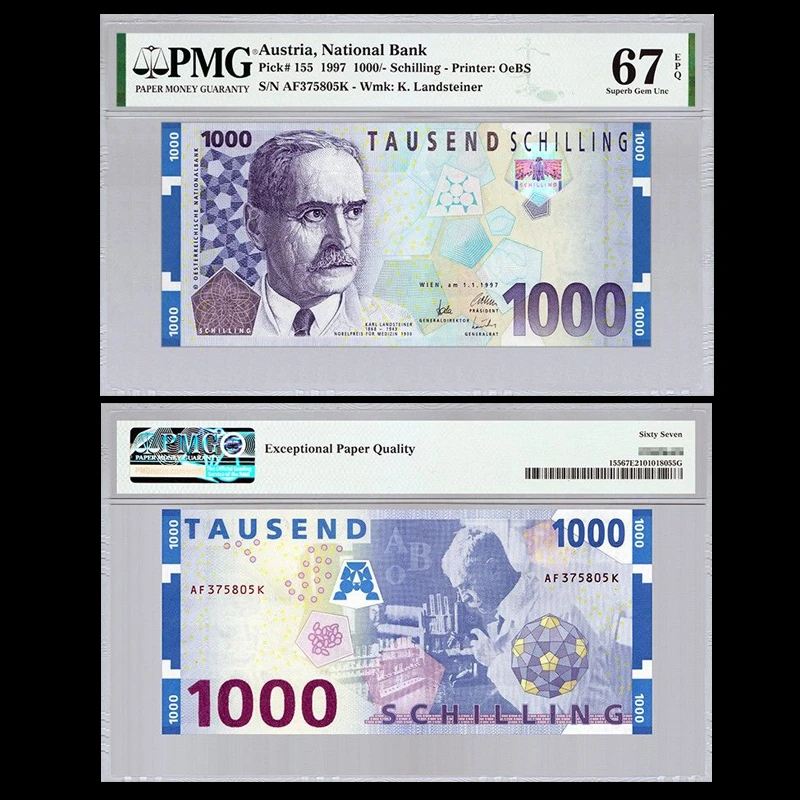 全新UNC【PMG评级67E】奥地利1000先令1997年 欧洲外币钱币收藏保真