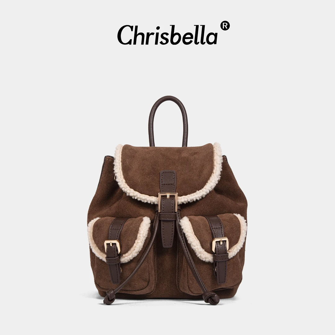 CHRISBELLA羊羔绒磨砂牛皮双肩包