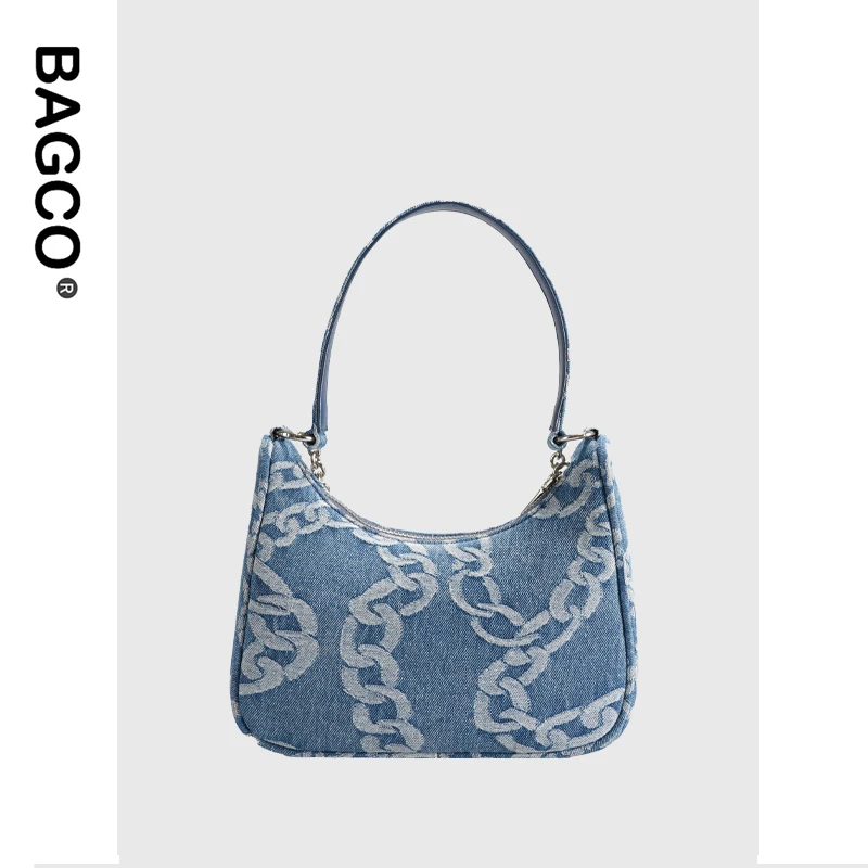 BAGCO新款链条女士时尚小众牛仔印花新月形腋下包