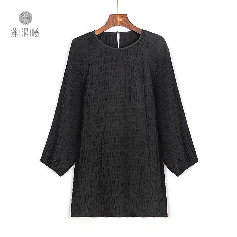 莲遇曦原创 非遗  贝壳绉-黑色中长上衣  桑蚕丝女装3a124532