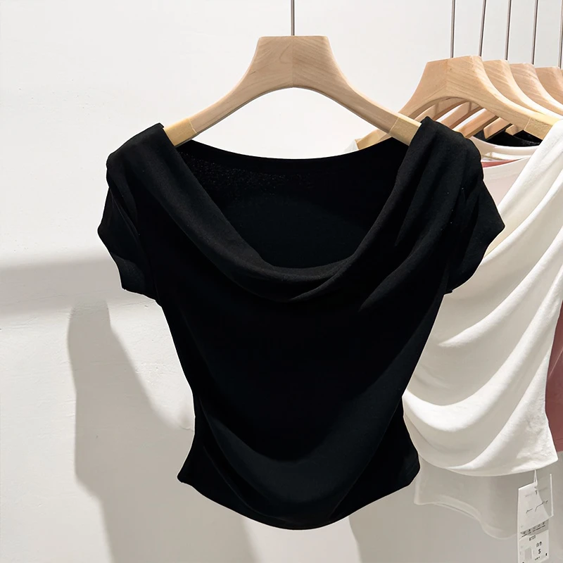 设计感chic一字肩荡领2024夏装新款露锁骨别致绝美短袖T恤女上衣t