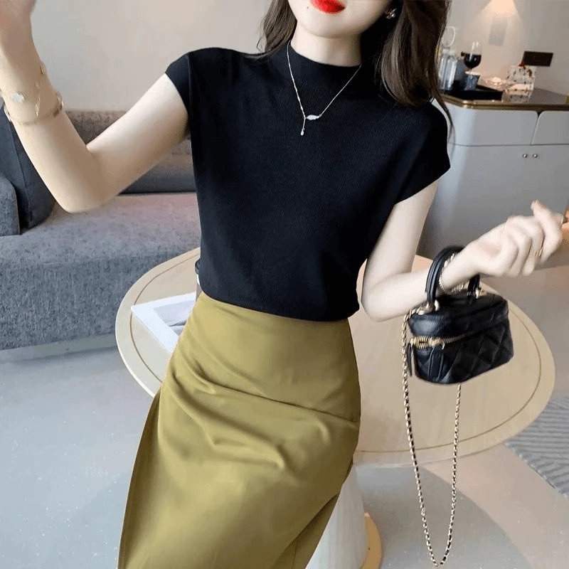 黑色半高领弹力冰丝t恤女薄款夏季韩版短袖简约修身打底洋气上衣t