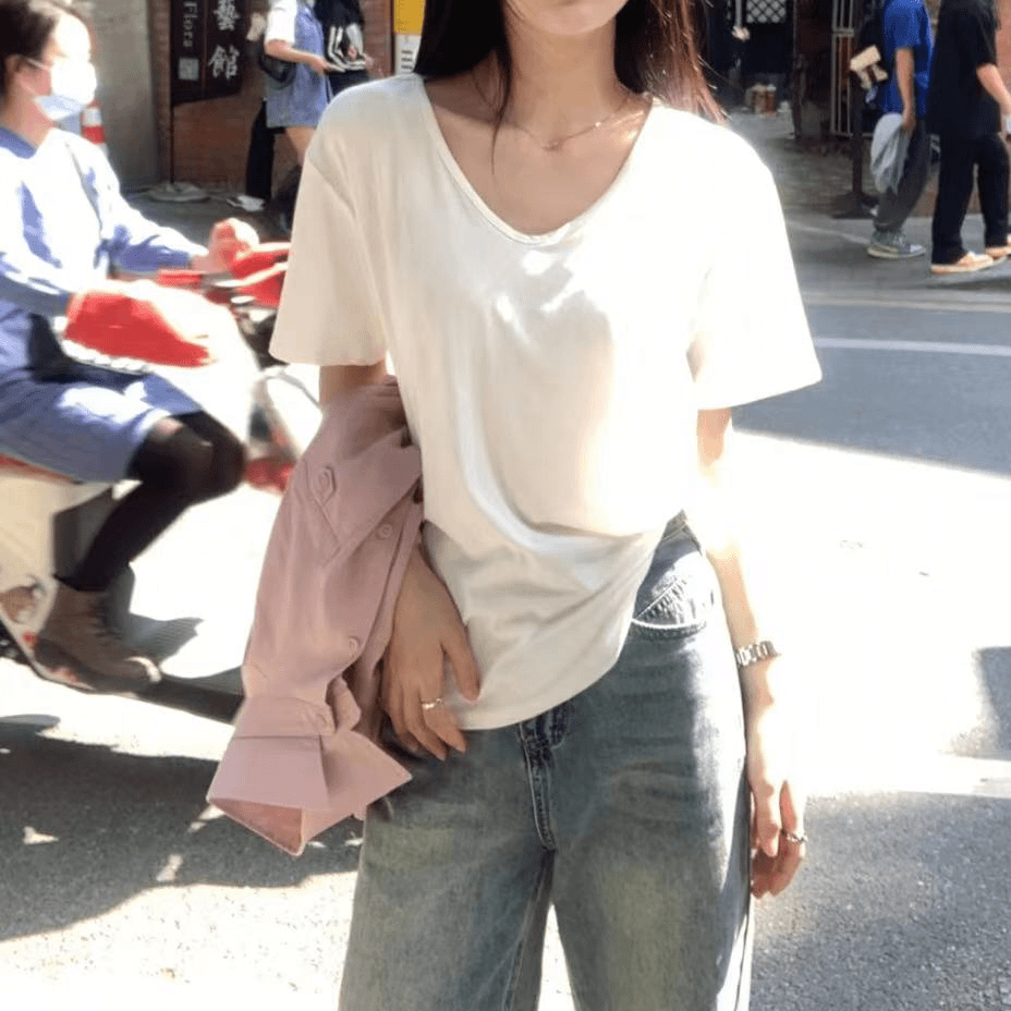 徐秋阳 U领轻薄短袖 夏季新款简约百搭透气个性显瘦显高T恤 3521