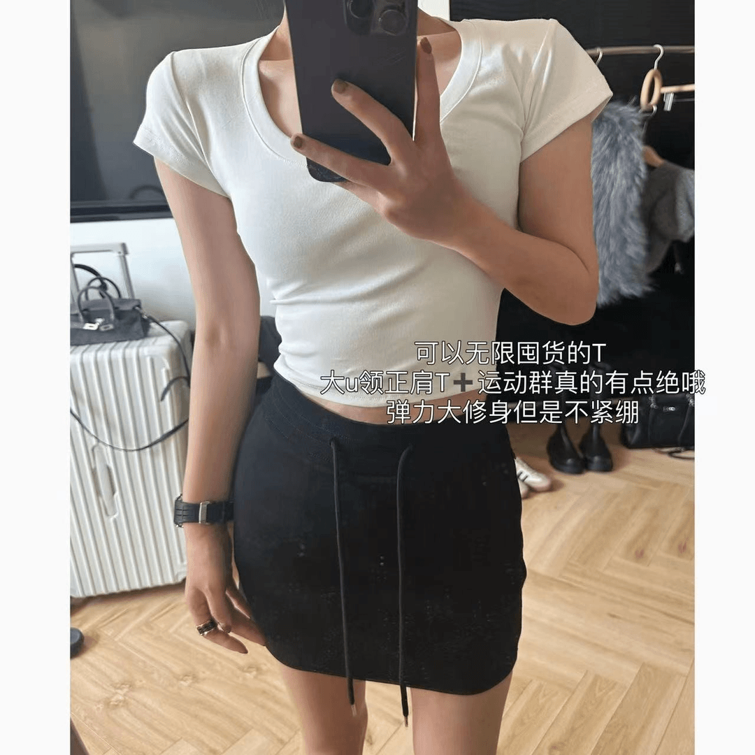 徐秋阳  露腰版 春夏新款百搭U领纯色三色简约显瘦短袖5120