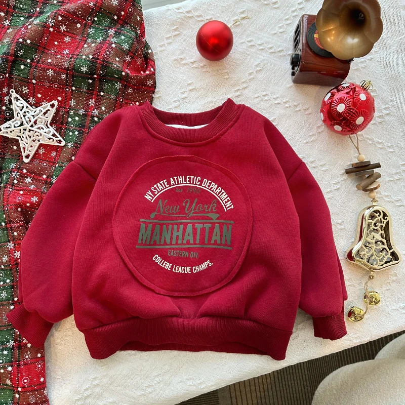 【派町】冬装儿童韩版潮流字母印花新年款套头加绒卫衣HDM3457