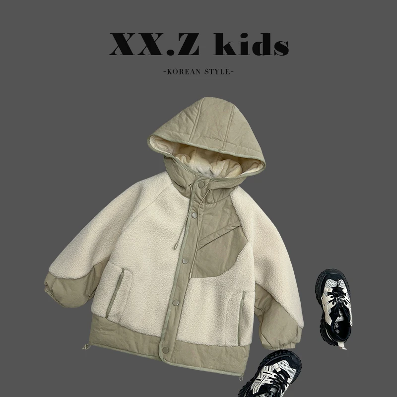 【兔小贝】【现货】冬装儿童拼接休闲宽松保暖连帽棉服HDM3226