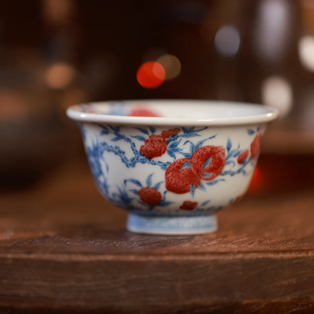 屹朴堂青花釉里红九桃五福压手杯纯手工手绘景德镇陶瓷主人杯茶具