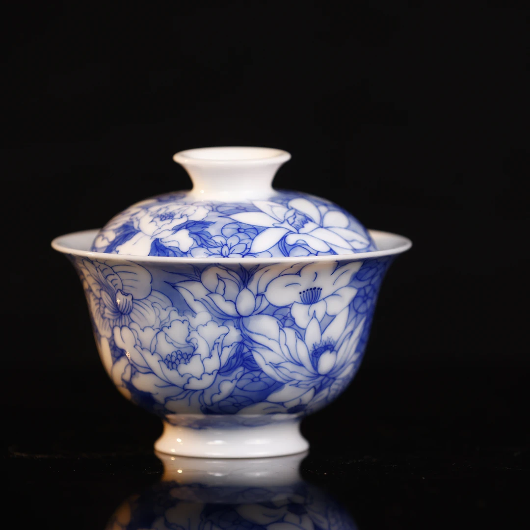 画堂春蓝地万花系列中式盖碗壶承茶壶小茶仓纯手工手绘泡茶盖碗