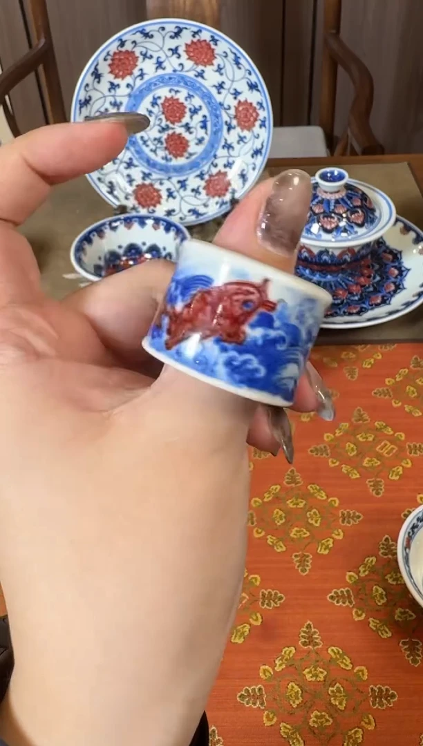 【闪购商品】杯永明尚玩釉里红鱼纹扳指盖置