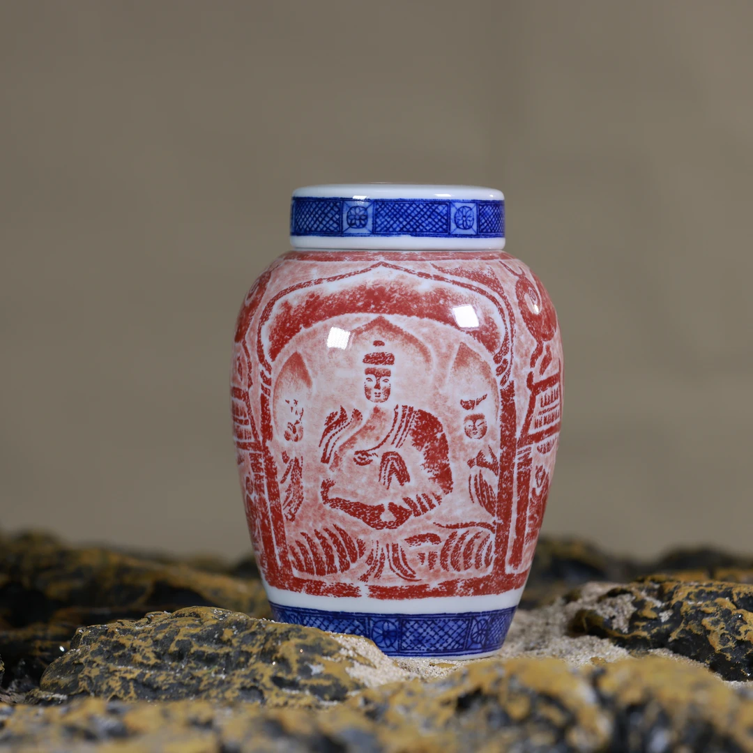 大勋精拓北朝佛龛茶叶罐 纯手工手绘景德镇陶瓷茶器茶具 家用陶瓷