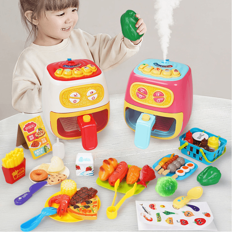 儿童仿真喷雾空气炸锅可变色定时烘焙烤面包机厨房女孩过家家玩具