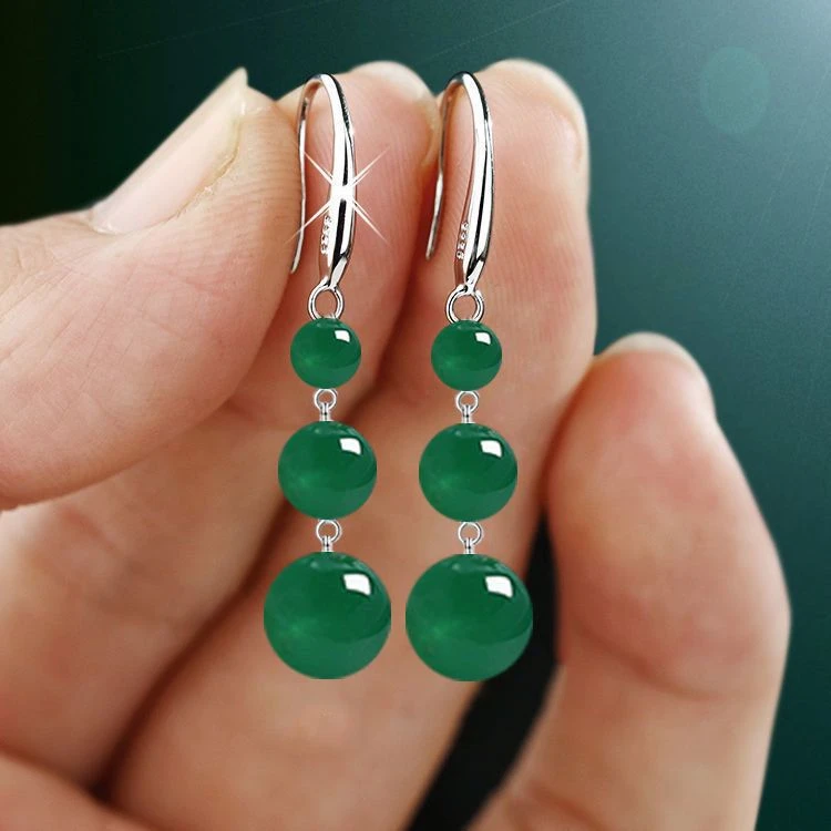 铜合金耳饰 圆珠长款耳坠高档耳扣民族风耳环绿色耳饰女款气质