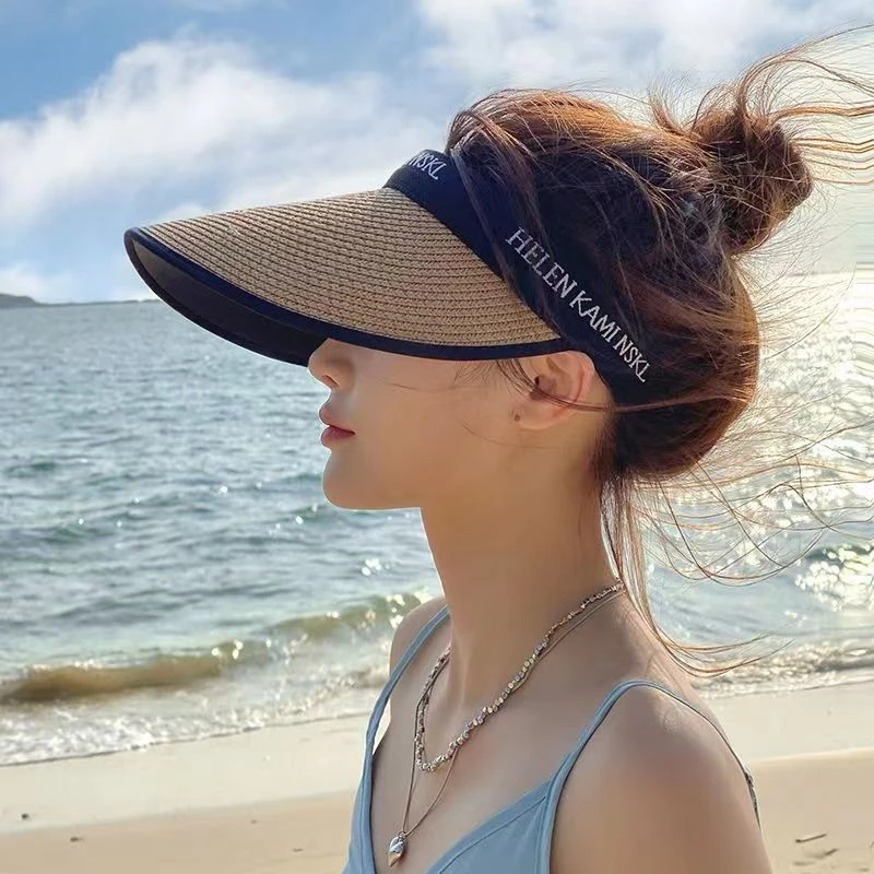 夏季草编空顶帽子女字母遮阳帽防晒沙滩草帽网红款无顶发箍太阳帽