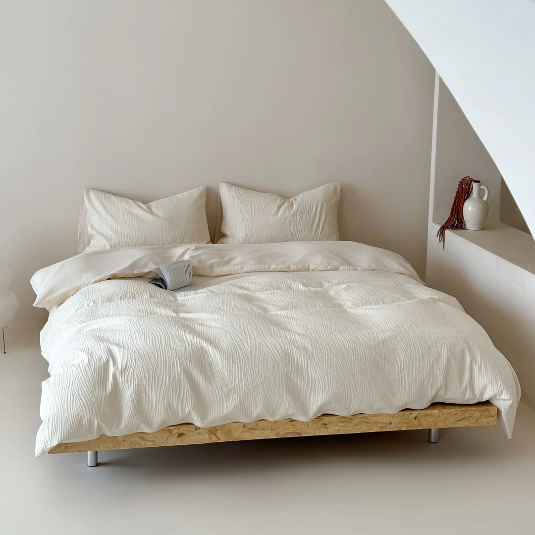 A类侘寂风立体提花100全棉3D立体树纹肌理纯色四件套纯棉床上用品