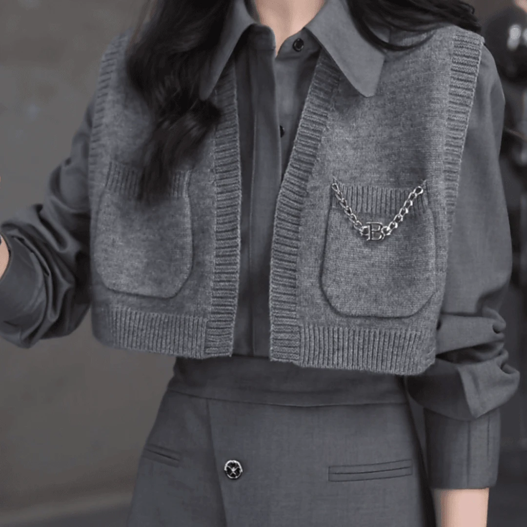 【真两件套】衬衫加毛衣背心春季冷淡系职业风披肩上衣7333 Q