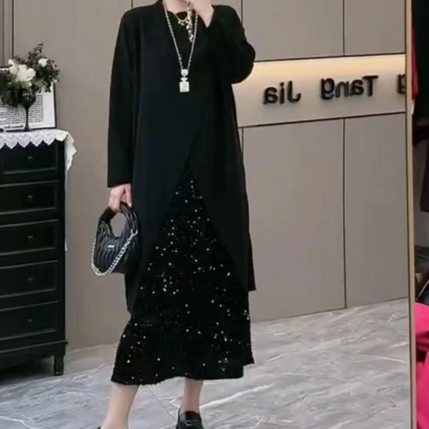 370-C-韩版设计感两件套（开叉衫+裙子）韩版显瘦大码女装两件套