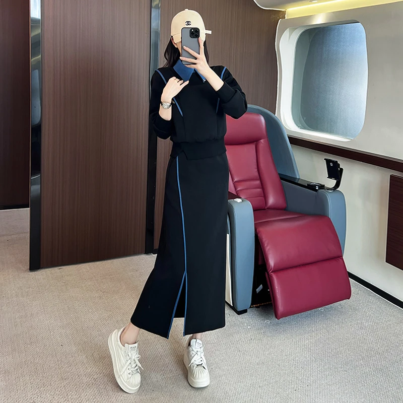 欧货时尚潮流套装女秋季牛仔拼接卫衣显瘦气质半身裙新款两件套潮