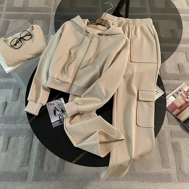 韩系休闲运动套装女秋连帽开衫卫衣修身显瘦打底内搭阔腿裤三件套