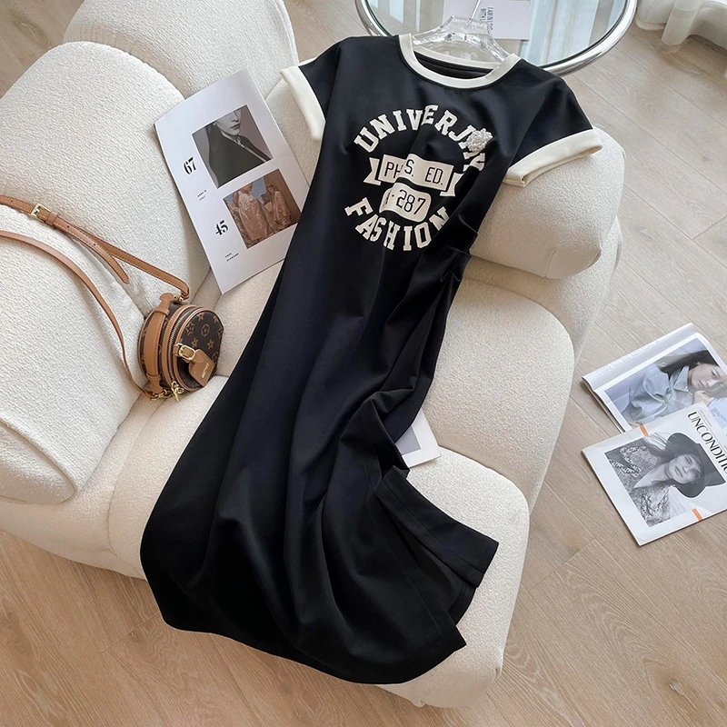 韩版时尚撞色字母印花圆领短袖连衣裙女夏新款收腰显瘦开叉A字裙