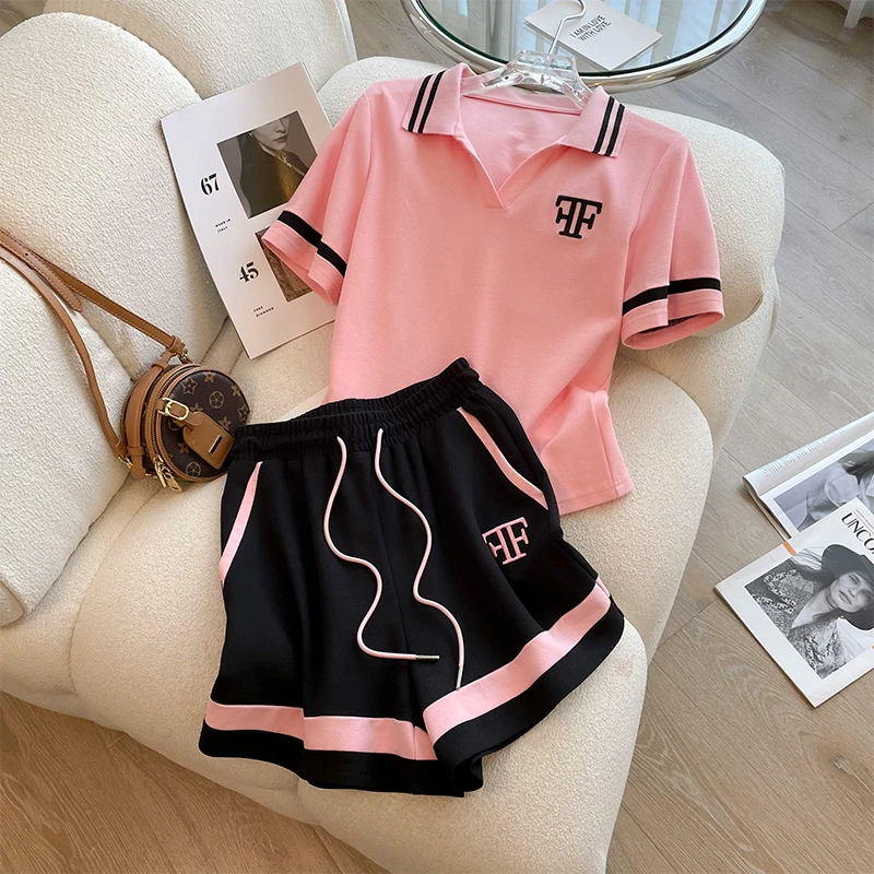 时尚休闲运动短裤套装女夏新款欧货高端盐系短袖跑步服两件套