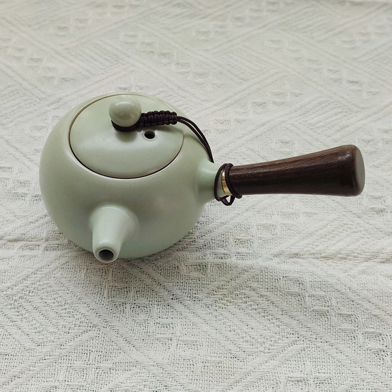汝窑陶瓷茶壶西施侧把壶豆绿色开片可养带壶绳滤孔1壶2杯家用茶具