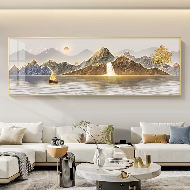 现代轻奢山水挂画金山客厅沙发背景墙大气装饰画旭日东升横晶瓷画