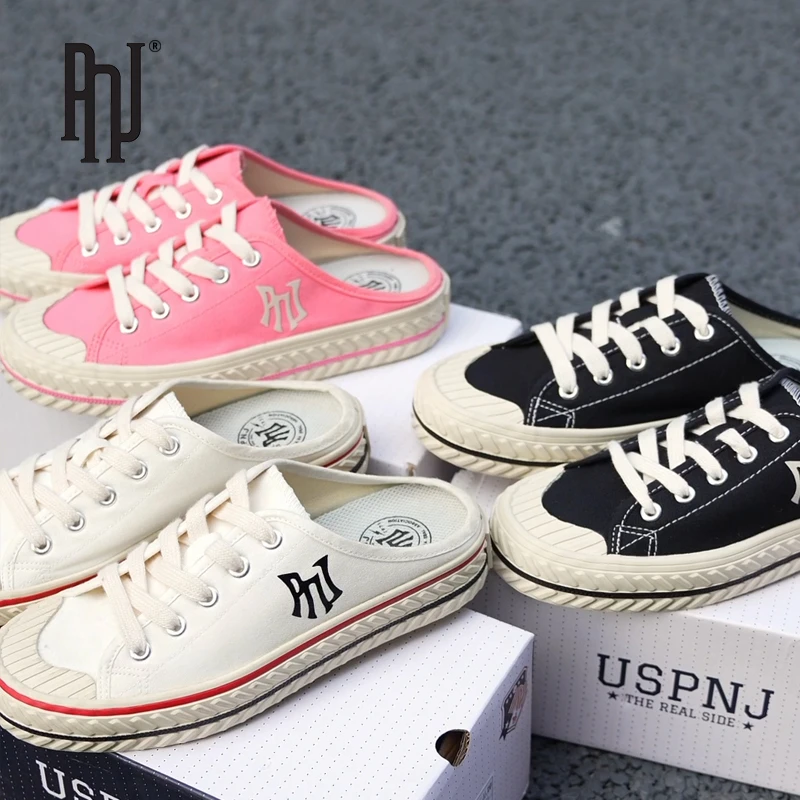 PNJ半托帆布鞋透气一脚蹬懒人鞋时尚百搭休闲平底鞋-ZZ