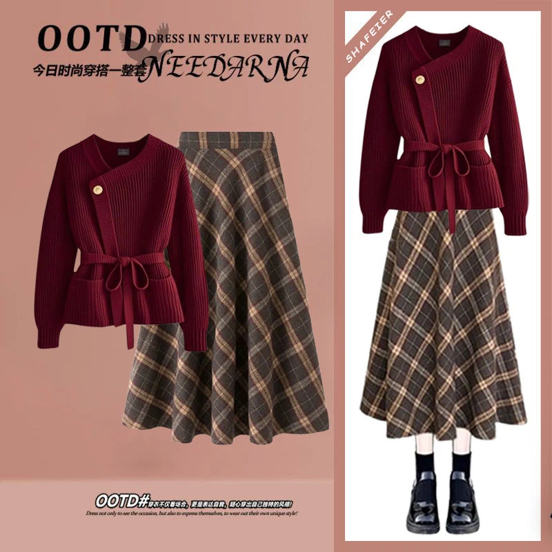 秋季套装女2024新款大码女装洋气减龄针织衫高腰格子半身裙两件套
