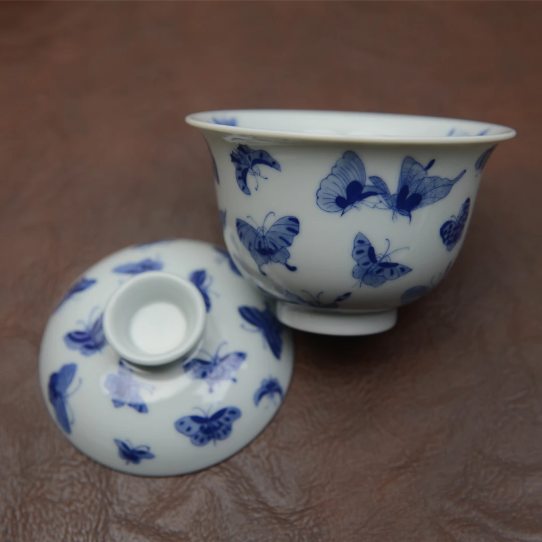 景德镇手工手绘内外画青花蝴蝶两才盖碗茶具陶瓷釉下彩