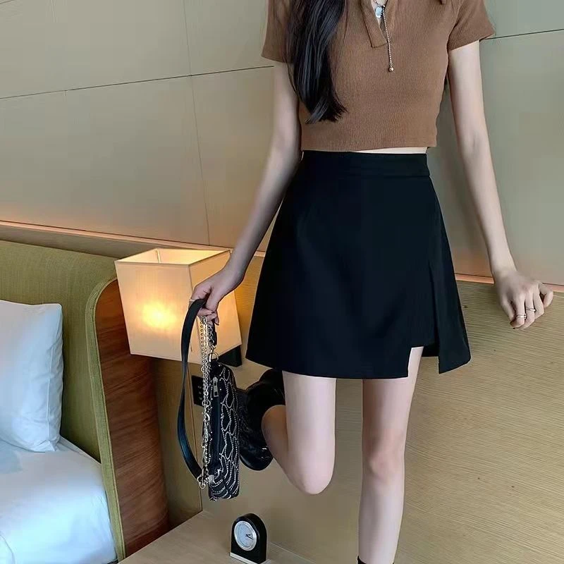 大码不规则2023春夏高腰显瘦开叉黑色半身裙胖mm遮肚子a字短裙女