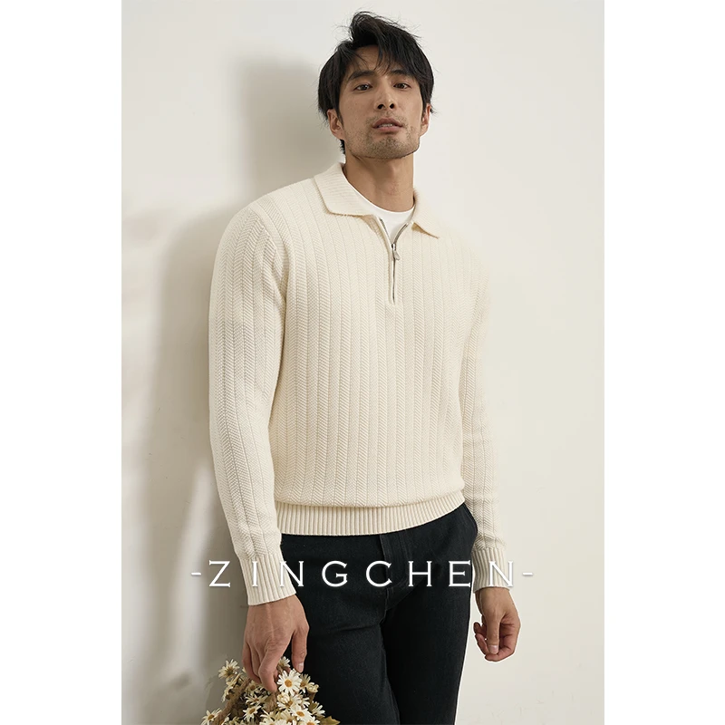 【可机洗棉山羊绒】ZINGCHEN人字纹拉链针织长袖polo衫重磅毛衣男