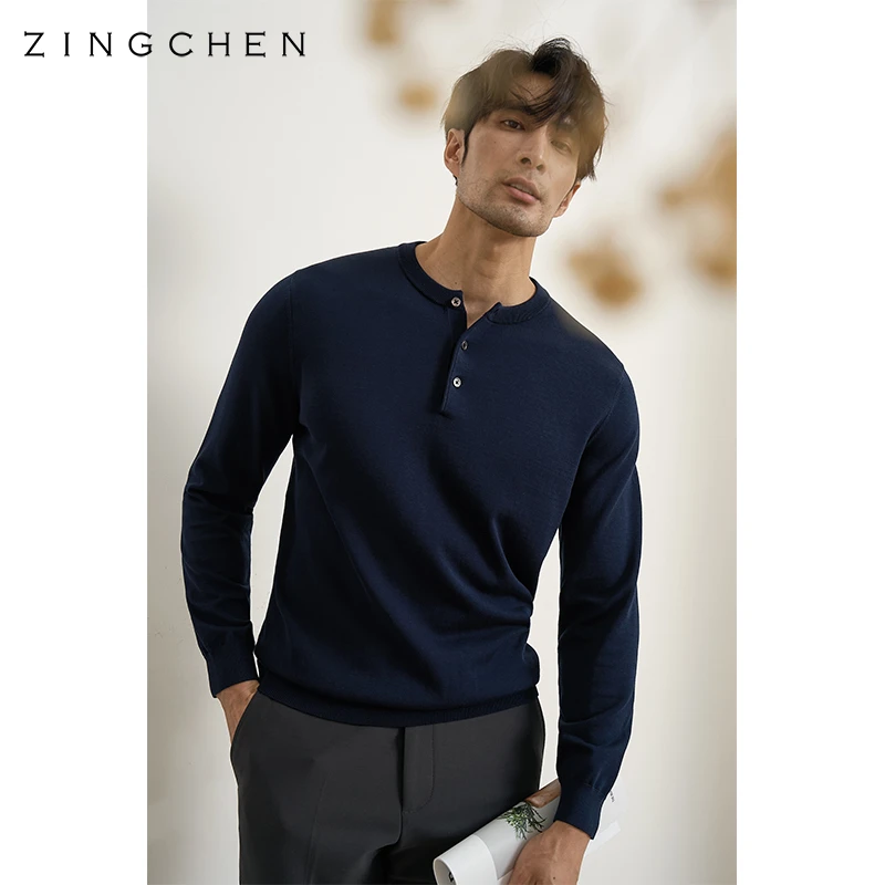 【奢华桑蚕丝长绒棉】ZINGCHEN硬汉风亨利领长袖T恤男 秋冬针织衫