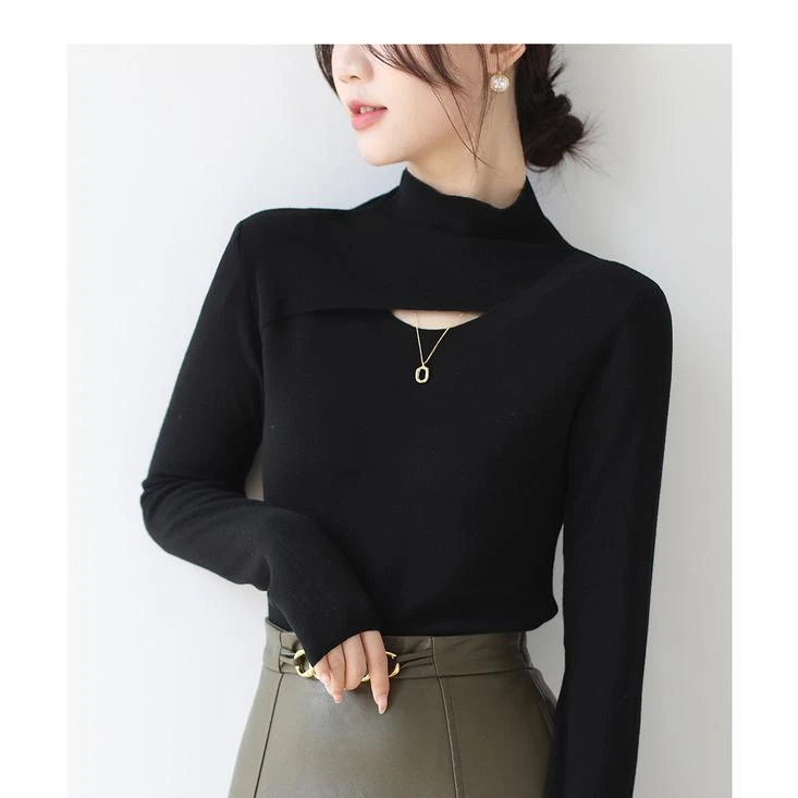 法式小心机镂空半高领打底衫女装春秋冬螺纹修身洋气性感打底衫潮