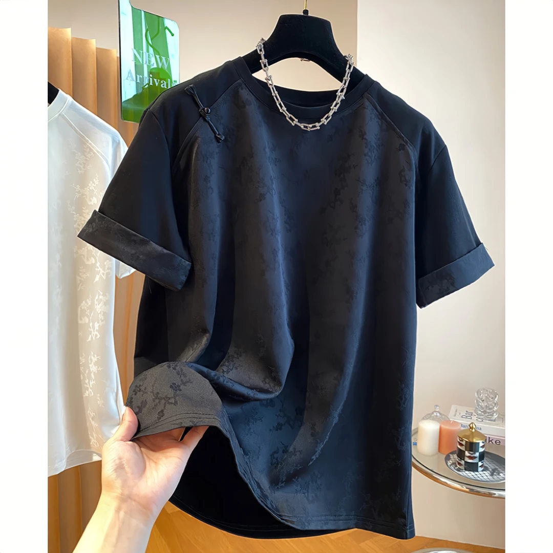 2024新款新中式国风盘扣t恤女短袖宽松缎面拼接棉质打底衫上衣夏。