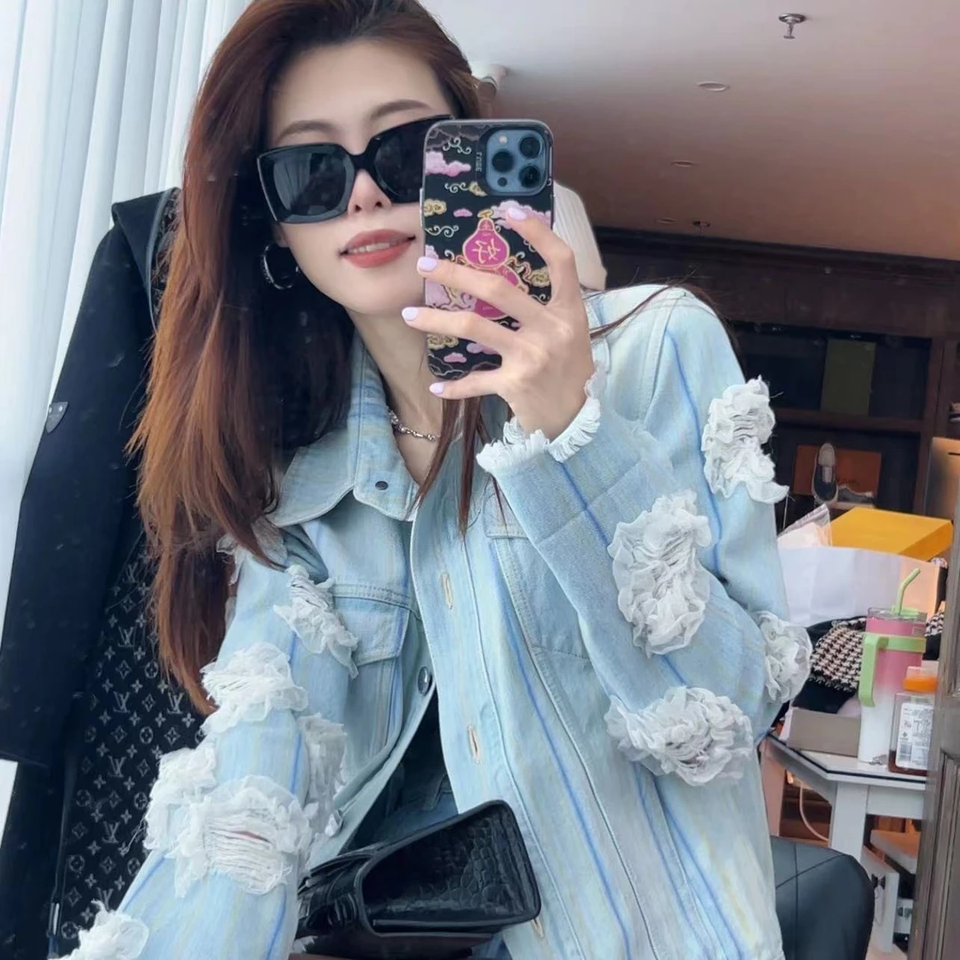麦殿/95新/Chanel香奈儿/镂空山茶花时尚牛仔外套
