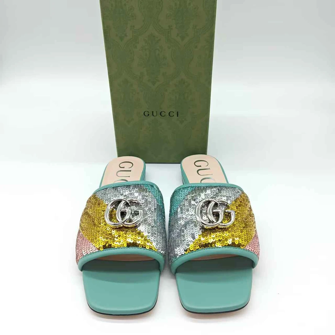 麦殿/99新/GUCCI古驰/牛皮革亮片拖鞋38码/240915LZYPH07