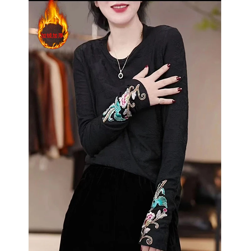 秋冬时尚百搭刺绣加绒打底衫新款气质时尚保暖妈妈装T恤2969