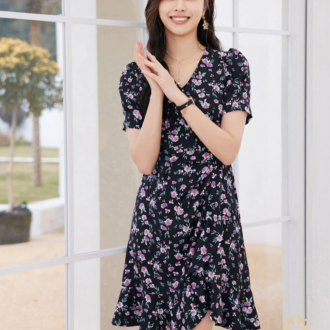 【红姐严选】金诗丹中长款连衣裙法式夏季气质碎花裙子-23BL2183