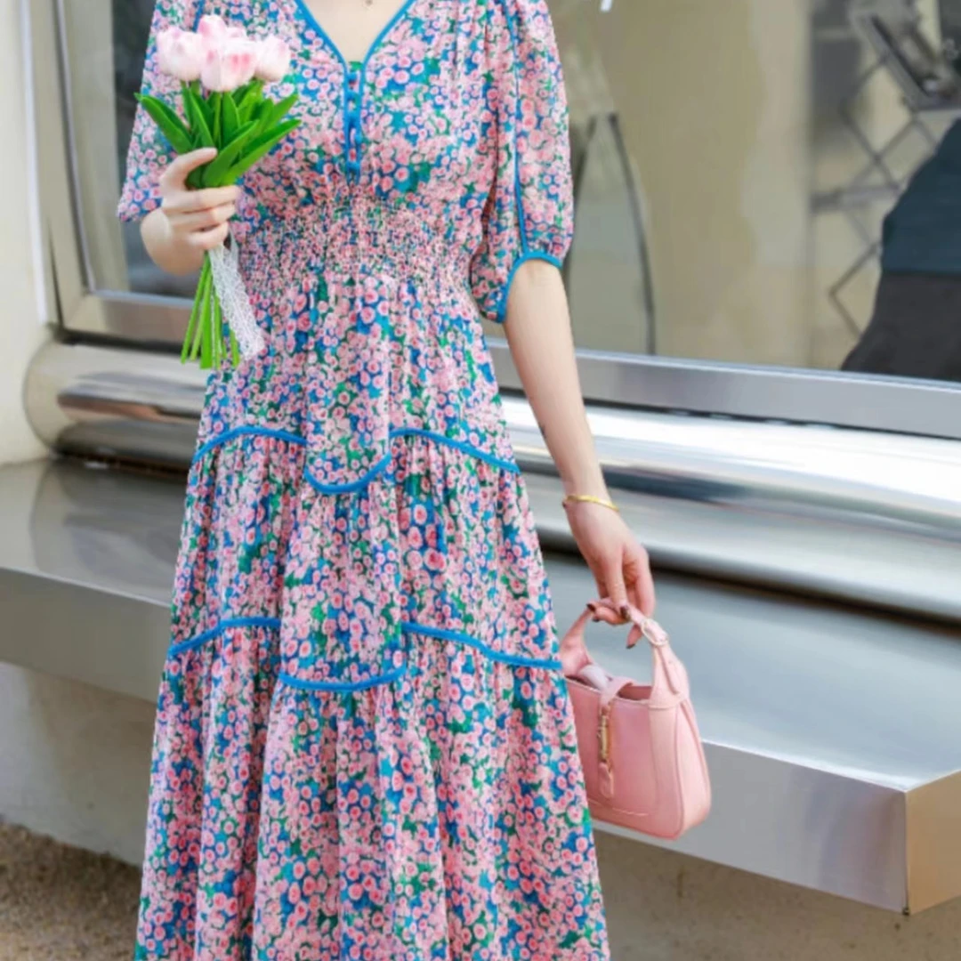 【红姐严选】新款气质碎花休闲连衣裙中长款夏季长裙裙子-M231101