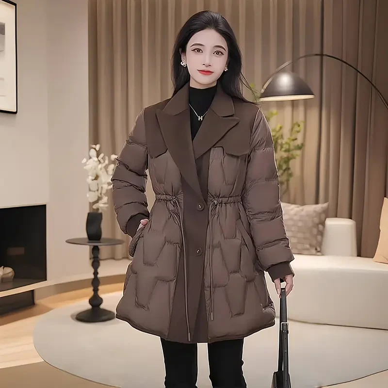西装领中长款保暖外套女2023年冬装新款加厚洋气质减龄收腰上衣