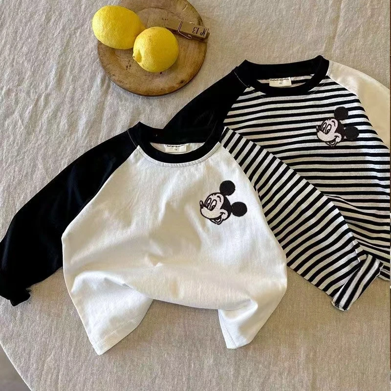 纯棉儿童T恤刺绣米奇2024年新款男女宝宝插肩条纹韩版打底衫上衣