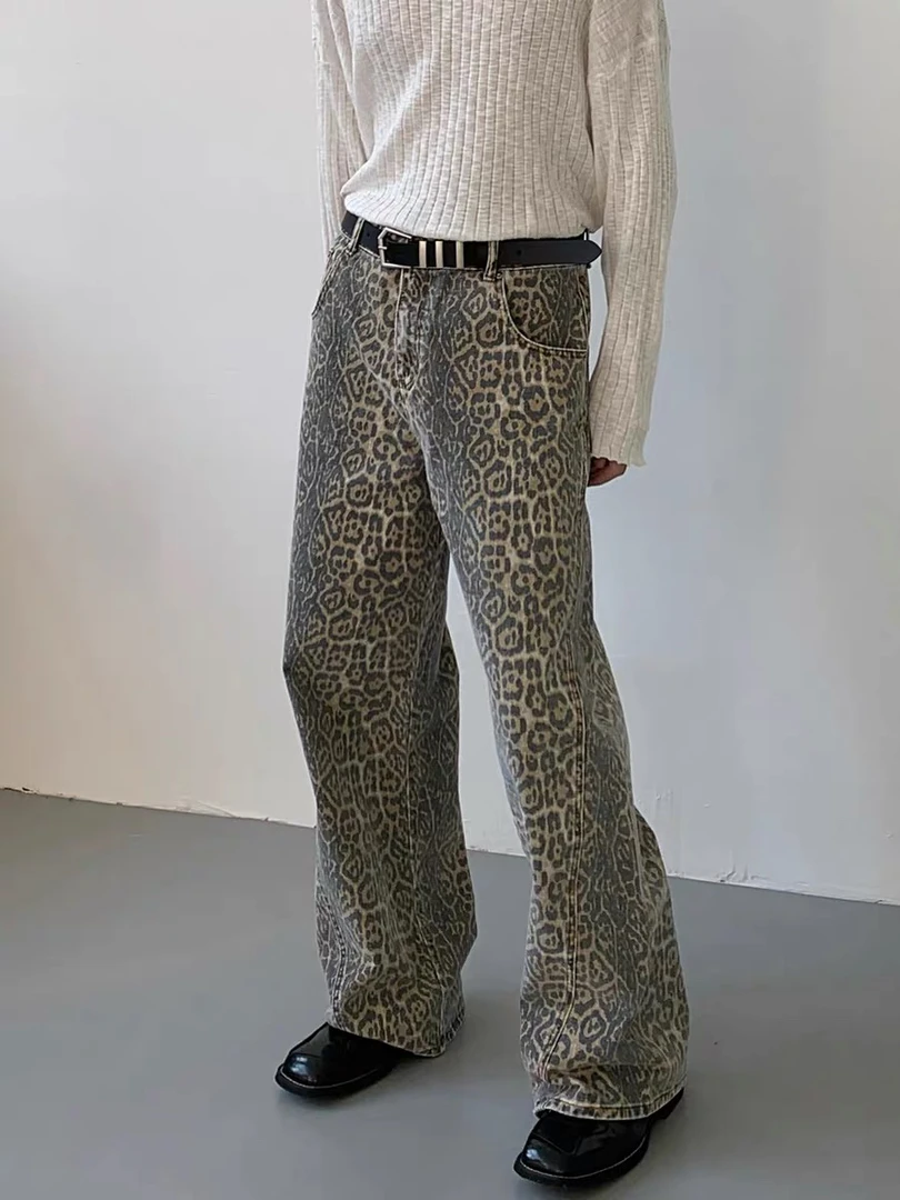 韩版小众设计潮流牛仔裤复古迷彩豹纹牛仔裤男高腰直筒拖地阔腿裤