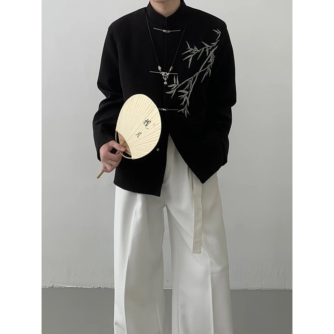 权一中性风感小众禅意竹叶刺绣国风西装外套男中山装新中式西服