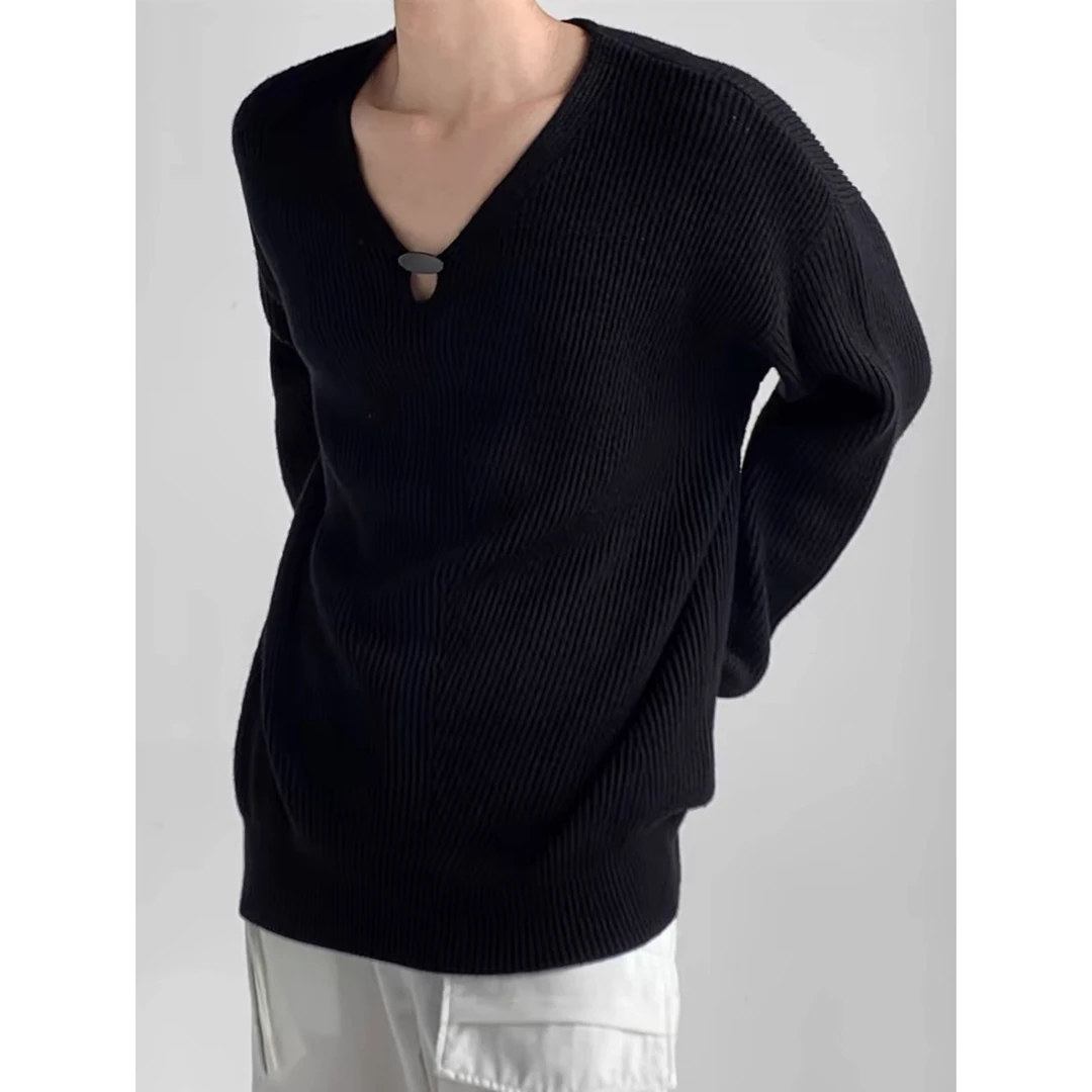 权一秋冬宽松长袖显瘦百搭纯色V领ins针织毛衣男设计感黑色男女款