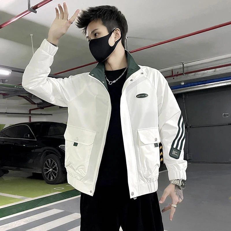 潮牌绿条纹夹克男春秋季爆款男士上班族立领男士休闲短款工装外套